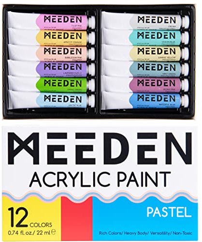 MEEDEN Peinture Acrylique Pastel, Lot de 12 Couleurs (0,74 Oz, 22 Ml), Pigments Riches En Viscosité, Peintures Artisanales Non Toxiques Pour Les Artistes, Débutants, Enfants, Adults
