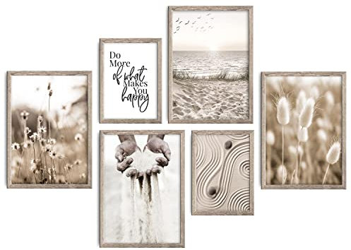 decomonkey | 6er Poster Set mit hellbraunem Rahmen | Boho Abstrakt | 2 x DIN A4 & 4 x DIN A3 | Wohnzimmer Schlafzimmer Wandposter Blider Collage Modern Wanddeko Strand Natur Gras Sprüche Meer Beige