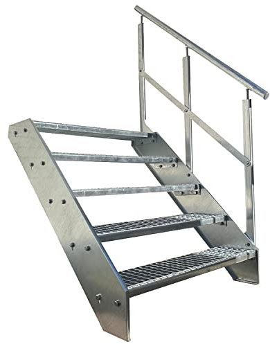 Premium Caillebotis acier Escalier à limon 5 Marches Entièrement galvanisé avec garde-corps à droite - Dimensions (L x l x H) 101cm x 100cm x 95cm