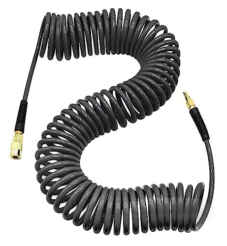 YOTOO Air Hose, Polyurethane Recoil Air Compressor Hose 1/4 Inner Diameter by 50' Long with Bend Restrictor, 1/4 Industrial Quick Coupler and Plug, Gray