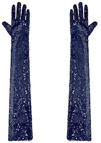 TiaoBug Damen Glänzend Pailletten Handschuhe Vollfinger Festlich Lange Abendhandschuhe Braut Armstulpen Party Hochzeit Fäustlinge Navy Blau Einheitsgröße