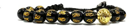 Samsara Bracciale Tibetano Buddista, lunghezza Regolabile, gioiello mistico Portafortuna - Filo in cotone cerato ad alta resistenza (AGATA NERA CON MANTRA)