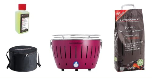 LotusGrill S Viola Starter-Set, 1 griglia, 1 carbone di faggio da 2,5 kg, 1 pasta combustibile da 200 ml, 1 borsa per il trasporto (Purple)
