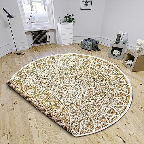 Freundin Home Collection Lilja In- & Outdoor Wendeteppich - Rund, Flachgewebe, Boho-Design, ÖKO-TEX, Wetterfest & UV-beständig für Balkon, Terrasse, Garten - Ocker, ø 200cm