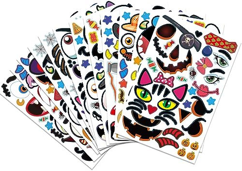 RUIYWEN 12 Hojas de Pegatinas de Calabaza Halloween Decoración Cara de Calabaza Pegatinas Artesanías Infantiles y Fiestas de Halloween (48 Expresiones)