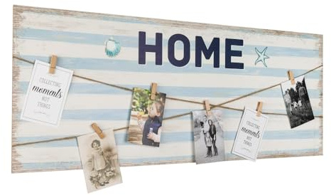 Melko Fotowand Fotocollage Bilderrahmen mit Klammern 100x40 cm Holz Weiß | Clips zum einfachen Bildwechsel, auch für Postkarten und Notizen, HOME-Schriftzug in Blau, Wanddeko für Wohnzimmer und Flur