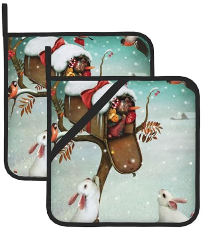 Topflappen mit weihnachtlichem Hasen-Motiv, bedruckt, hitzebeständig, wasserdicht, zum Backen, Kochen, Grillen, 2 Stück