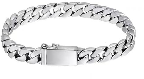 BSLVWG Cuban Link Bracelet for Men Women, Solid Surgical Stainless Steel Silver Chain Bracelet 9mm Wide,18/20/cm Hip Hop Curb Bracelet Jewellery Gifts for Men Dad Brother Friend (18CM)