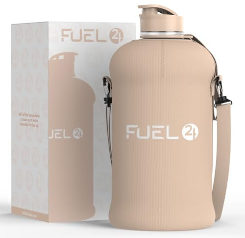 Fuel24 Jug with Insulated Sleeve & Removable Shoulder Strap | 2.2 Litre Water Bottle | Extra Strong Material | Drop Proof, Pop or Straw Cap | 2.2L Large Gym Sports Bottle | BPA FREE (Pop Cap, Nude)