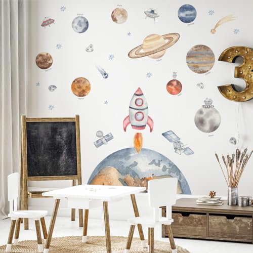 Mica-Mica Wandtattoo Weltraum - Raumschiff mit Planeten im Weltall - Universum | Stoff-Wandtattoos | 100% PVC-frei | Wanddeko, Wandaufkleber & Wandsticker | Deko fürs Kinderzimmer (STI-0249, L)