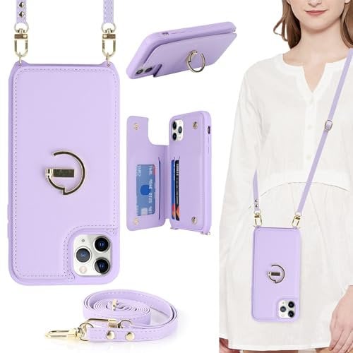 ELTEKER for iPhone 12 Pro Max Phone Case with Card Holder and Strap,PU Leather Wallet Case Flip Cover with Crossbody Lanyard Strap for iPhone 12 Pro Max (6.7 Inch) - Purple