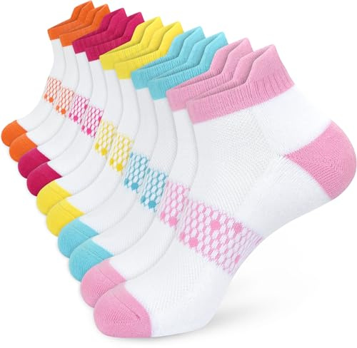 ouhos 5 Pairs Womens Running Trainer Ankle Socks Breathable Cushioned Cotton Anti Blister Work Support Low Cut Sports Socks for Gym Walking Hiking Cycling Multipack UK Size 4-7