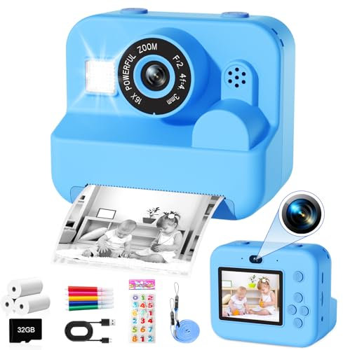 GKTZ Cámara de Fotos Instantáneas - Doble Cámara Fotos Infantil con Papel de Impresión y Tarjeta SD de 32G, Regalo para Niños de 3 a 14 años (Azul)