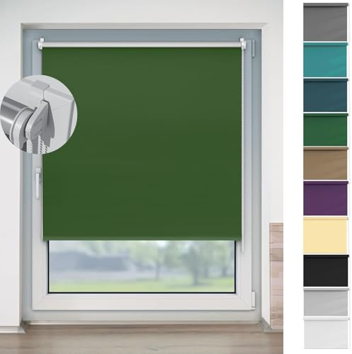 Blackout Blinds No Drill 60 x 50 cm Privacy Screen and Sun Protection, Sun Protection Blackout Roller Blind Easy Fit Blinds with Clips for Bedroom Nursery Loft, Dark Green