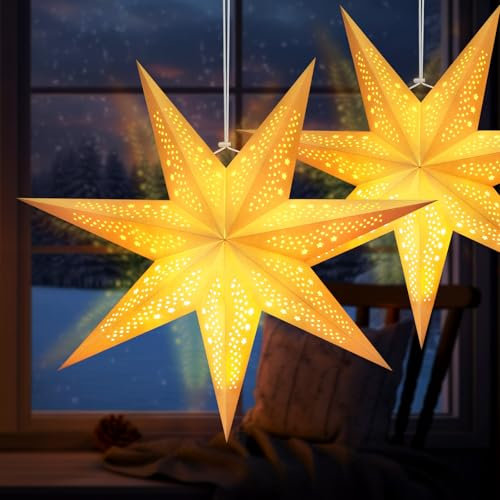 Feebee LED Papierstern Beleuchtet zum Aufhängen, 2 Stück Weihnachtsstern Beleuchtet 60cm, 3D Leuchtsterne Weihnachten Fenster, Weihnachtsdeko Fensterdeko Weihnachten Innen Aussen, Weiß