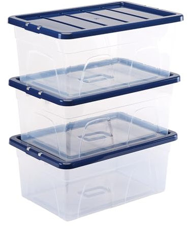 BANKERS BOX 38L Kunststoff-Aufbewahrungsbox 3er-Pack, BPA-frei & 100% recycelte Deckel, verschachtelbar & stapelbar, Staubschutzdeckel, 25x38x56cm, ideal für Haus & Büro Organisation