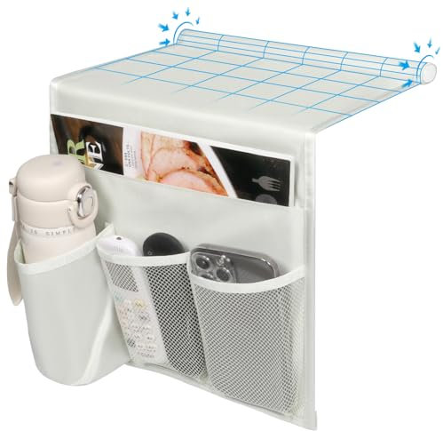 WOMACO Bedside Caddy with Water Bottle Holder, Non-Slip Bed Caddy Storage Organizer Bed Side Remote Control Holder for Phones, Magazines, Tablets, Accessories - Medium, Ivory