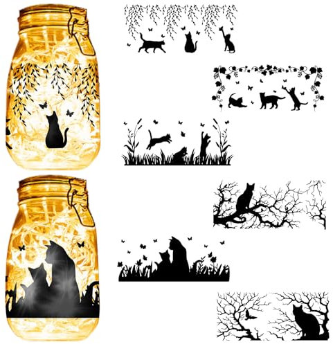 CREATCABIN 6 Silhouetten Aufkleber Für Einmachgläser Ausschnitte Aufkleber Katzen Pflanzen Scrapbook wasserdichte PVC Lampenfolie Für Weihnachten Halloween Wände Fenster Milchglas Laternenglas 9x20cm