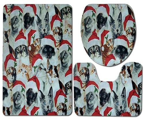 Bad Teppiche Set Graue Rote Katze Badezimmerteppich Waschbar WC Vorleger mit Ausschnitt und WC Deckelbezug 3 Teilig Badematte rutschfest Toilettensitzbezug Badgarnitur 45x75 cm