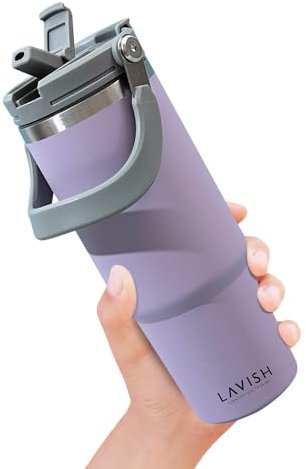 Lavish 30oz Travel Tumbler with Handle – Hot or Iced Drink Tumbler – Double Wall Stainless Steel Insulated Tumbler - Tumbler with 2-in-1 Lid and Straw - 100% BPA-Free - Car Coffee Cup (Purple)