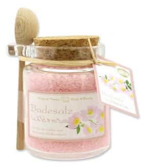 Florex Badesalz Wildrose mit Schafmilch im dekorativen Glas mit Holzlöffel 300 g
