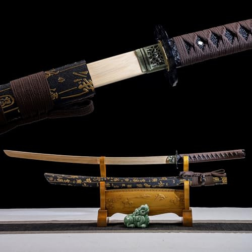 HJHUUA Katana in Legno Fatta a Mano da 103 cm,Fodero Avvolto in Pelle,Lama in bambù,Spada da Samurai in Legno per Cosplay,Arti Marziali,Kendo,Oggetti di Scena,Allenamento,Decorazioni