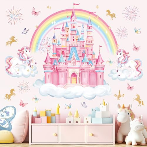 decalmile Rainbow Castle Wall Decals Unicorn Rainbow Butterfly Clouds Wall Stickers Girls Bedroom Baby Nursery Daycare Wall Decor