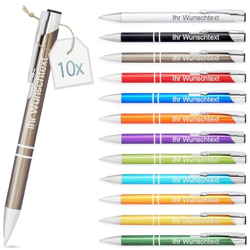 Gravurtastisch Kugelschreiber mit Gravur | personalisierter Stift mit Wunschtext | blaue Mine | Werbegeschenk & Werbeartikel | personalisierte Kulis für Hochzeit, Büro & Schule (Grau, 10 Stück)