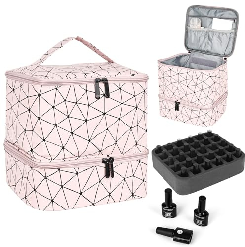 bssmmai Nagellack Aufbewahrung Organizer Tasche, Doppelschicht Nagellack Aufbewahrungsbox Tasche Organizer für 30 Flasche und Nagellampe（Rosa） (Rosa)