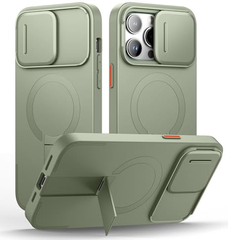 SURITCH Magnetic Case Compatible with iPhone 14 pro max, Shockproof Protective Cover with Slide Camera Cover and Adjustable Kickstand(Green)