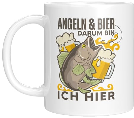 Lustige Tasse für Angler – Angeln und Bier, darum bin ich hier – Geschenkidee für Männer mit Humor - Weiss