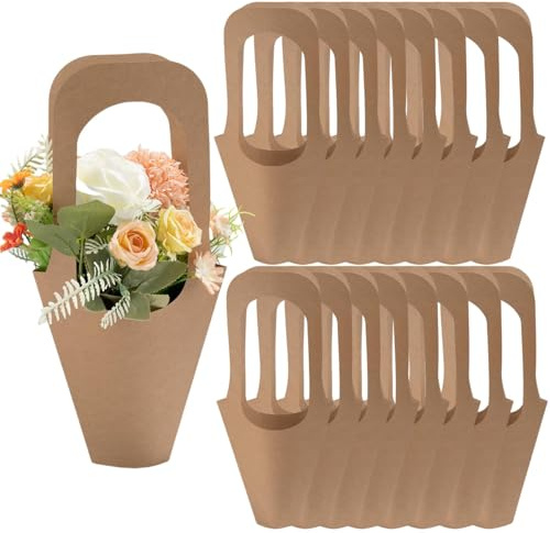 50 Pack Flower Gift Bags Kraft Paper Flower Bouquet Holders, 35 cm x 19 cm, Brown