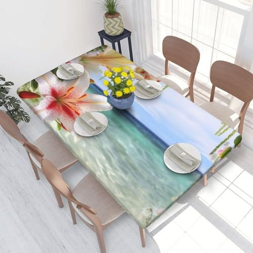Nappe rectangulaire de 1,2 m pour table de salle à manger – Motif fleur de lys de mer – Nappe de table à bords élastiques infroissables – 122 x 76 cm