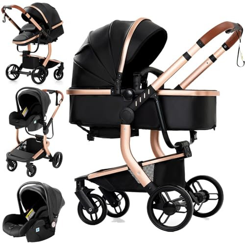 Reenborn PU-Leder Kinderwagen 3 in 1, Buggy mit Ein-Klick-Faltdesign, Kinderwagen mit Zwei Umkehrbaren Schiebemodi, Kombikinderwagen 3 in 1 Komplettset Rahmen Aluminiumlegierung (518 Black)