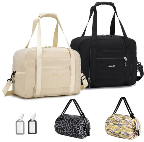 SPAHER Handgepäck Tasche 40x30x15 British Airways Eurowings Faltbare Reisetasche Sporttasche Groß Weekender Damen Gym Bag Tasche wasserdichte Duffle Bag Carry On Schwimmtasche Fitness Bag Beige