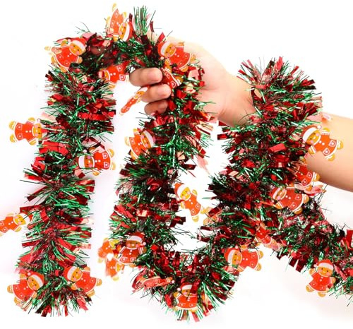 Weihnachtsbaum Lametta Girlande Rot & Grün Lebkuchenmann Tannengirlande 2M Künstliche Weihnachtsgirlande Baumschmuck Weihnachtsdeko für Kamin Treppe Türen Fenster Weihnachtsfeier Innen-/ Außenbereich