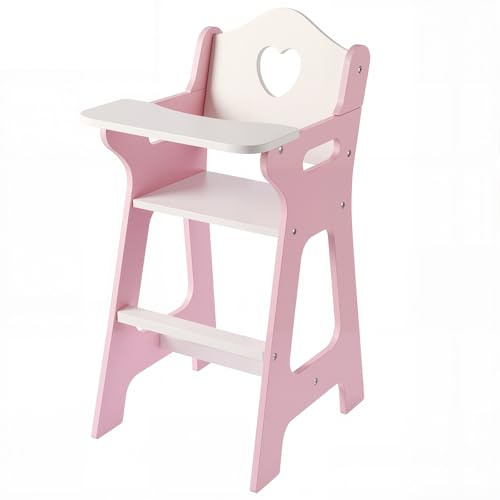 PHOKID Doll High Chair for Pretend Play - Wooden Doll Furniture with Safety Belt, Footrest & Flower Backrest, White/Pink,Fits Standard 18 Baby Dolls