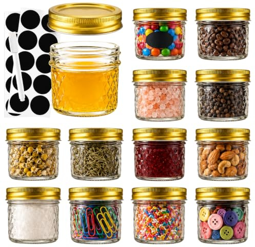Tarana mini Einmachgläser, Vorratsgläser, 4oz Klarglas Einmachgläser mit deckel, 120ml kleine glasgläser geeignet für die aufbewahrung von lebensmitteln, marmelade, kerzen, honig(12 Stück-Goldener)
