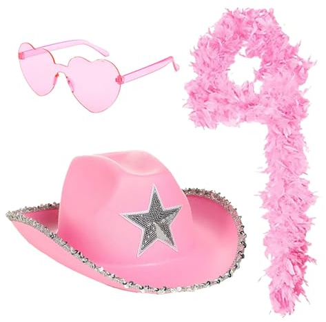 mojingder Cowboy Hut Pink,Cowboyhut Damens mit Feder Cowgirlhut mit Herzbrille Brillenetui Set Flauschige Westernhut Cowgirl Hüte Cowboy Kostüm für Party Cowgirl Kostüm Damen,Faschingskostüme Damen