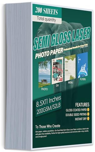 Laser Photo Paper 8.5x11 In,200 Sheets 200GSM/52LB Semi Gloss Double Sided High-Heat Resistant Smudge Proof for Laserjet Brochures Covers Postcard DIY Flyers Cards Cardstock(Not applicable to inkjet)