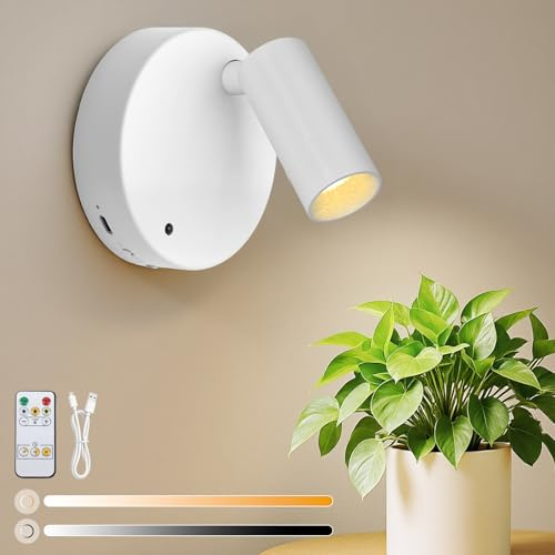 Kambo Faretto LED Senza Fili Ricaricabile 3000mAh Lampada da Parete | 3 Temperature di Colore, Dimmerabile, Telecomando e Timer, Illuminazione per Quadri, Artísticas, Plantas, Bianco 1 Pezzi