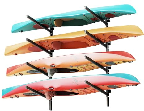 VEVOR Kayak Storage Rack for 4 Kayaks, Holds 300 lbs, Heavy Duty Adjustable Wall Mount Stand for Indoor Outdoor Garage Shed Dock, Storage Holder for Canoe, Small Boat, SUP, Surfboard & Paddleboard