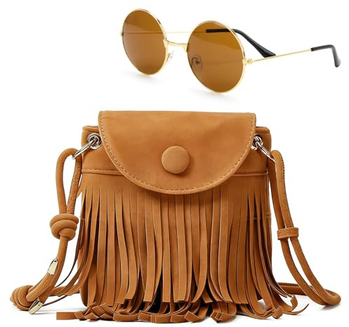 Feirdhoo Hippie Kostüm Damen, Kleine Handtasche mit Quaste und Vintage Sonnenbrille, 70er Jahre Accessoires für Karneval, Festival und Party