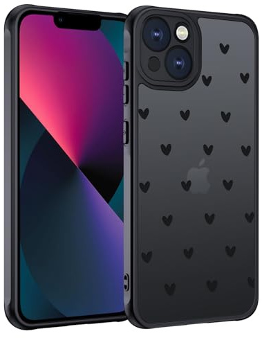 TUUTPU Handyhülle für iPhone 13 Hülle, Aesthetic Motiv Herz Muster Design Matt Transluzente Schlanke Hart Case Kratzfeste PC Rückseite + TPU Bumper Stoßfest Schutzhülle, Schwarz