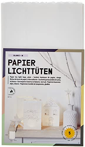 folia 12400 - Lichtertüten aus schwer entflammbarem Papier, blanko, 5 Stück je ca. 24,5 x 14 x 8,5 cm groß, stimmungsvolle Tischdekoration, für Gartenpartys, Geburtstage, Hochzeiten