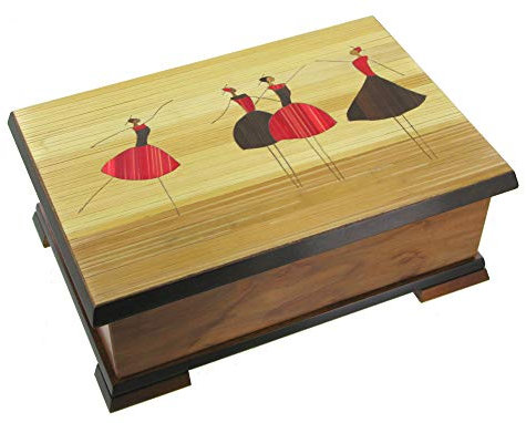 Musikalische Schmuckschatulle / Schmuckkästchen mit Spieluhr aus Massivholz, Spiegel, Intarsien „Ballerinas“, tanzender Ballerina und 18-Ton-Federspielwerk - Kaiserwalzer (Johann Strauss)