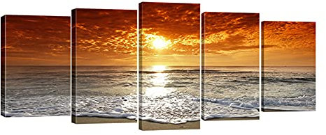 Wieco Art - 5 grands tableaux d’arts modernes de haute définition, paysage marin tendu et encadré giclé, impressions sur toile océan mer plage, photos peintures sur toile. Décoration murale pour le salon, chambre à coucher Décorations d’intérieur