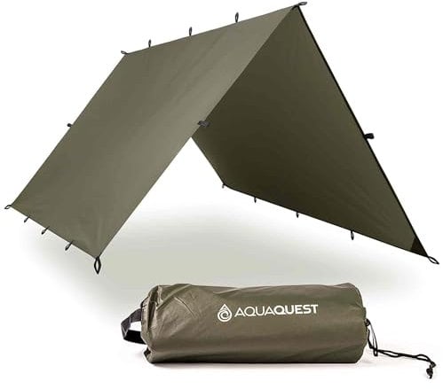 AquaQuest Safari wasserdichte Camping-Plane - Leichter Sonnenschutz oder Regenschutz - Wandern, Rucksackreisen & Hängematte, 3 x 3 m Olivgrün