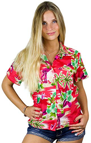 King Kameha Funky Hawaii-Bluse-Hemd, Damen, Kurzarm, Flamingos, Rot, S