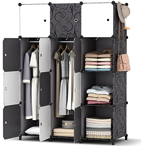 HOMIDEC Kleiderschrank, Tragbarer Regalsystem, 12 Würfel Schrank aus Kunststoff mit 2 Kleiderstange, Schlafzimmerschrank kleiderschrank Weiss für Schlafzimmer, 146 x 107 x 45cm